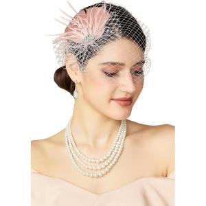 imageBABEYOND Veil Fascinator Hat for Women Feather Fascinators Hair Clip with Removable Veil Tea Party Hat Bridal WeddingNude Pink