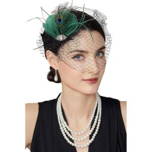 imageBABEYOND Veil Fascinator Hat for Women Feather Fascinators Hair Clip with Removable Veil Tea Party Hat Bridal WeddingPeacock Green