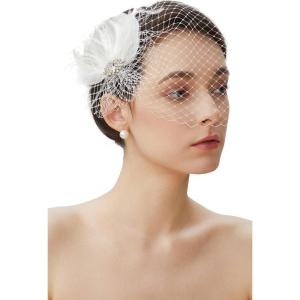 imageBABEYOND Veil Fascinator Hat for Women Feather Fascinators Hair Clip with Removable Veil Tea Party Hat Bridal WeddingWhite