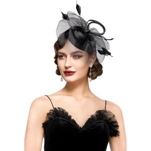 imageBABEYOND Womens Fascinator Hat Kentucky Hat Feather Derby Fascinator Tea Party Hat for Cocktail WeddingBlack