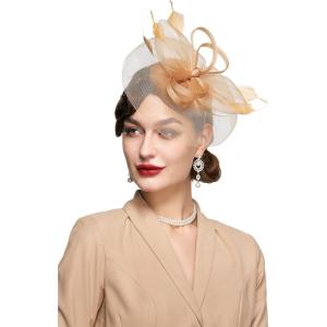 imageBABEYOND Womens Fascinator Hat Kentucky Hat Feather Derby Fascinator Tea Party Hat for Cocktail WeddingGolden