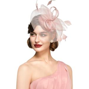 imageBABEYOND Womens Fascinator Hat Kentucky Hat Feather Derby Fascinator Tea Party Hat for Cocktail WeddingNude Pink