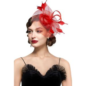 imageBABEYOND Womens Fascinator Hat Kentucky Hat Feather Derby Fascinator Tea Party Hat for Cocktail WeddingRed