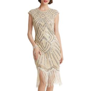 imageBABEYOND Womens Flapper Dresses 1920s Beaded Fringed Great Gatsby DressBeige  Crystal Decorations