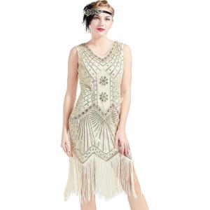 imageBABEYOND Womens Flapper Dresses 1920s V Neck Beaded Fringed Great Gatsby DressApricot