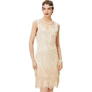 imageBABEYOND Womens Flapper Dresses 1920s V Neck Beaded Fringed Great Gatsby DressBeige
