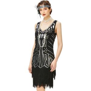 imageBABEYOND Womens Flapper Dresses 1920s V Neck Beaded Fringed Great Gatsby DressBlack