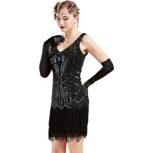 imageBABEYOND Womens Flapper Dresses 1920s V Neck Beaded Fringed Great Gatsby DressBlack With Colorful Sequins