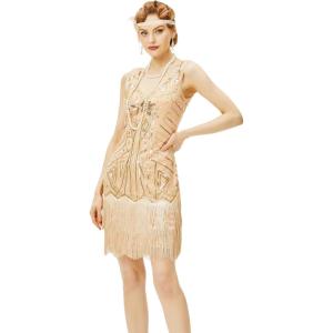 imageBABEYOND Womens Flapper Dresses 1920s V Neck Beaded Fringed Great Gatsby DressChampagne  Gold