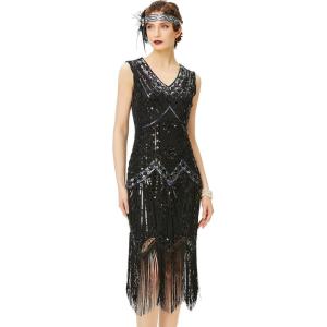 imageBABEYOND Womens Flapper Dresses 1920s V Neck Beaded Fringed Great Gatsby DressGlam Black
