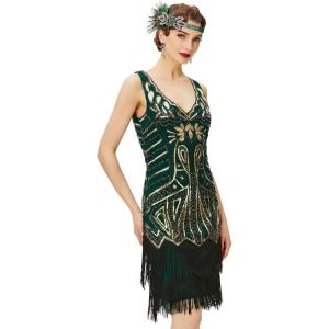 imageBABEYOND Womens Flapper Dresses 1920s V Neck Beaded Fringed Great Gatsby DressGold  Dark Green