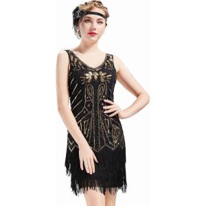 imageBABEYOND Womens Flapper Dresses 1920s V Neck Beaded Fringed Great Gatsby DressGold Black