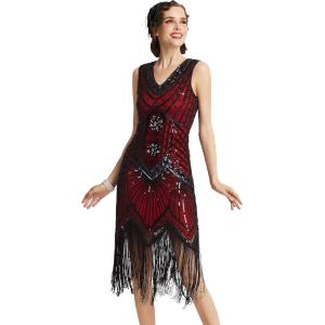imageBABEYOND Womens Flapper Dresses 1920s V Neck Beaded Fringed Great Gatsby DressRed