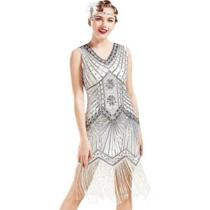 imageBABEYOND Womens Flapper Dresses 1920s V Neck Beaded Fringed Great Gatsby DressSilver