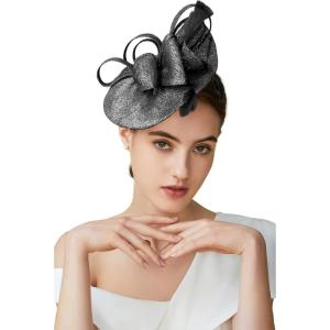imageBABEYOND Womens Pillbox Fascinator Hat Kentucky Derby Hat Feather Fascinator Headband Tea Party Fascinator Hat for CocktailBblack