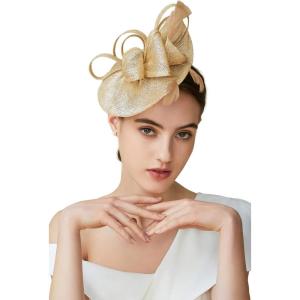 imageBABEYOND Womens Pillbox Fascinator Hat Kentucky Derby Hat Feather Fascinator Headband Tea Party Fascinator Hat for CocktailBgold