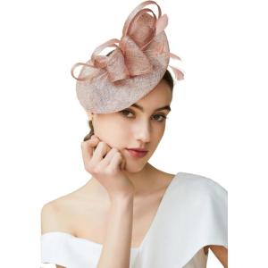 imageBABEYOND Womens Pillbox Fascinator Hat Kentucky Derby Hat Feather Fascinator Headband Tea Party Fascinator Hat for CocktailBnude Pink