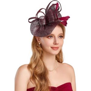 imageBABEYOND Womens Pillbox Fascinator Hat Kentucky Derby Hat Feather Fascinator Headband Tea Party Fascinator Hat for CocktailBwine Red