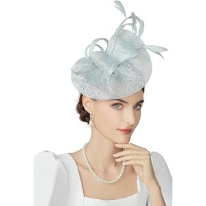 imageBABEYOND Womens Pillbox Fascinator Hat Kentucky Derby Hat Feather Fascinator Headband Tea Party Fascinator Hat for CocktailLight Blue