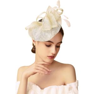imageBABEYOND Womens Pillbox Fascinator Hat Kentucky Derby Hat Feather Fascinator Headband Tea Party Fascinator Hat for CocktailOffwhite