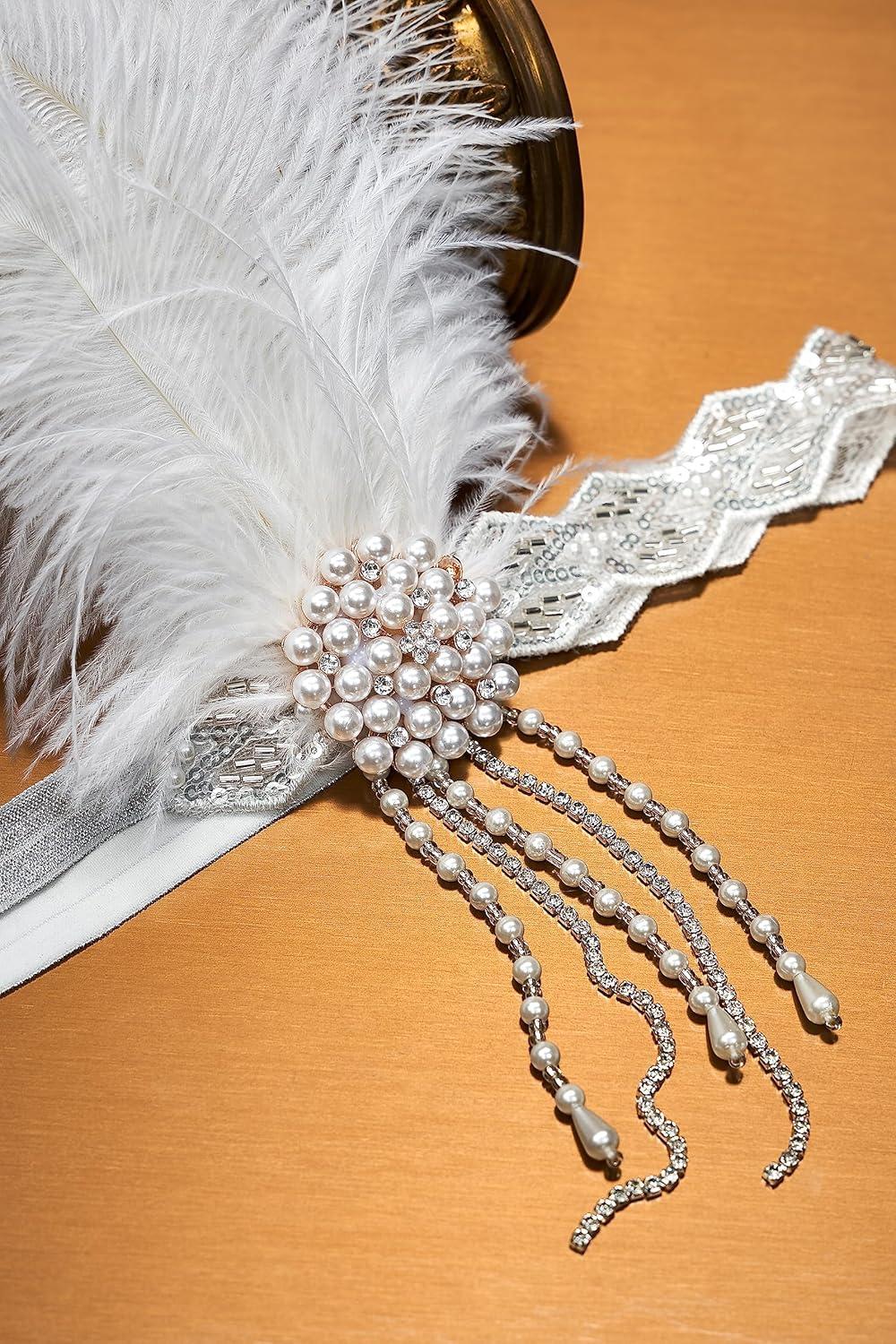 imageBABEYOND Flapper Headpiece for Women  Flapper Feather Headband 1920s Gatsby Headpiece Vintage Accessories for WomenAwhite