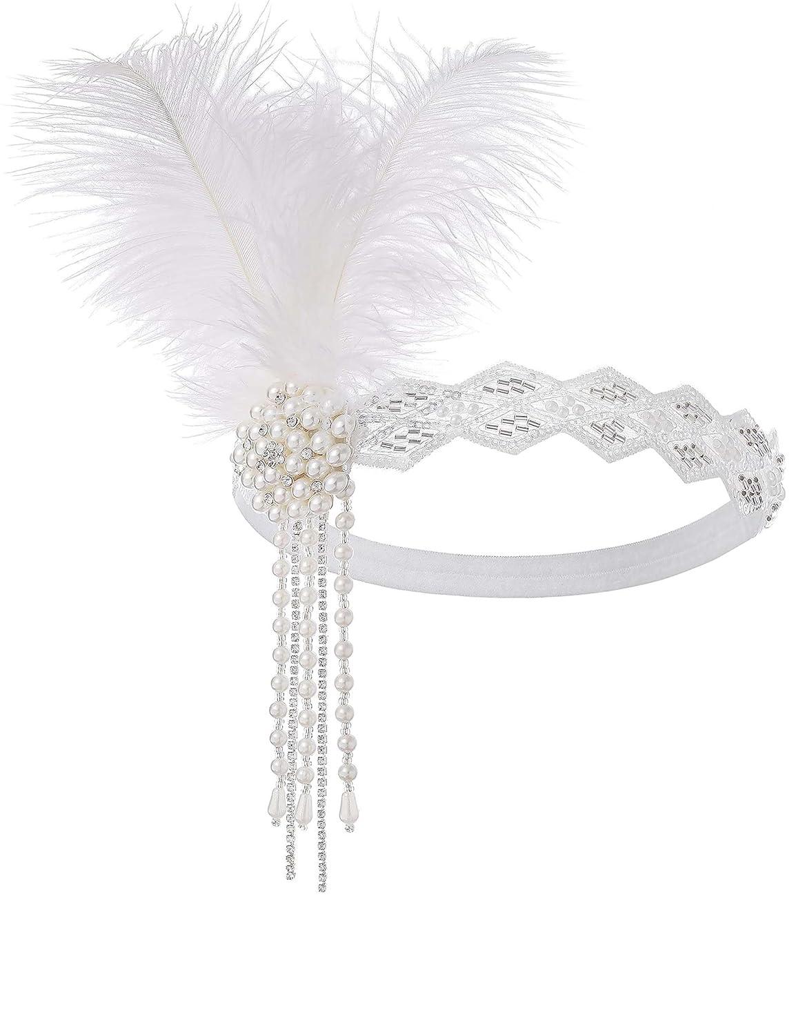 imageBABEYOND Flapper Headpiece for Women  Flapper Feather Headband 1920s Gatsby Headpiece Vintage Accessories for WomenAwhite