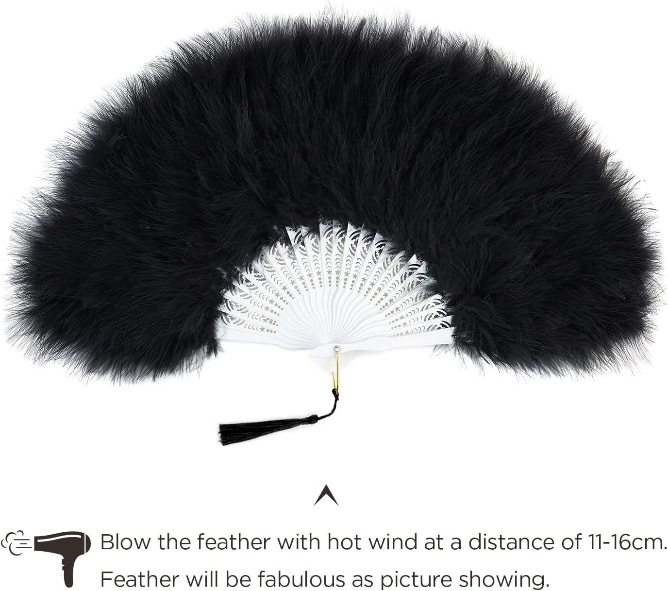 imageBABEYOND Marabou Feather Fan 20s Vintage Folding Fan Flapper Hand Fan for Costume Dancing Show Tea Party Wedding Decoration PinkPink RibBlack