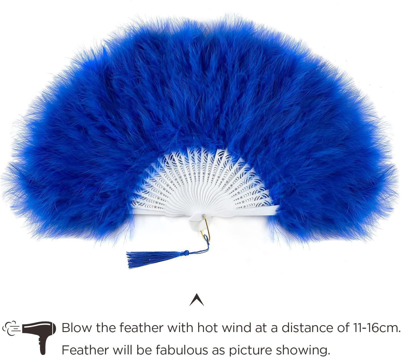 imageBABEYOND Marabou Feather Fan 20s Vintage Folding Fan Flapper Hand Fan for Costume Dancing Show Tea Party Wedding Decoration PinkPink RibBlue