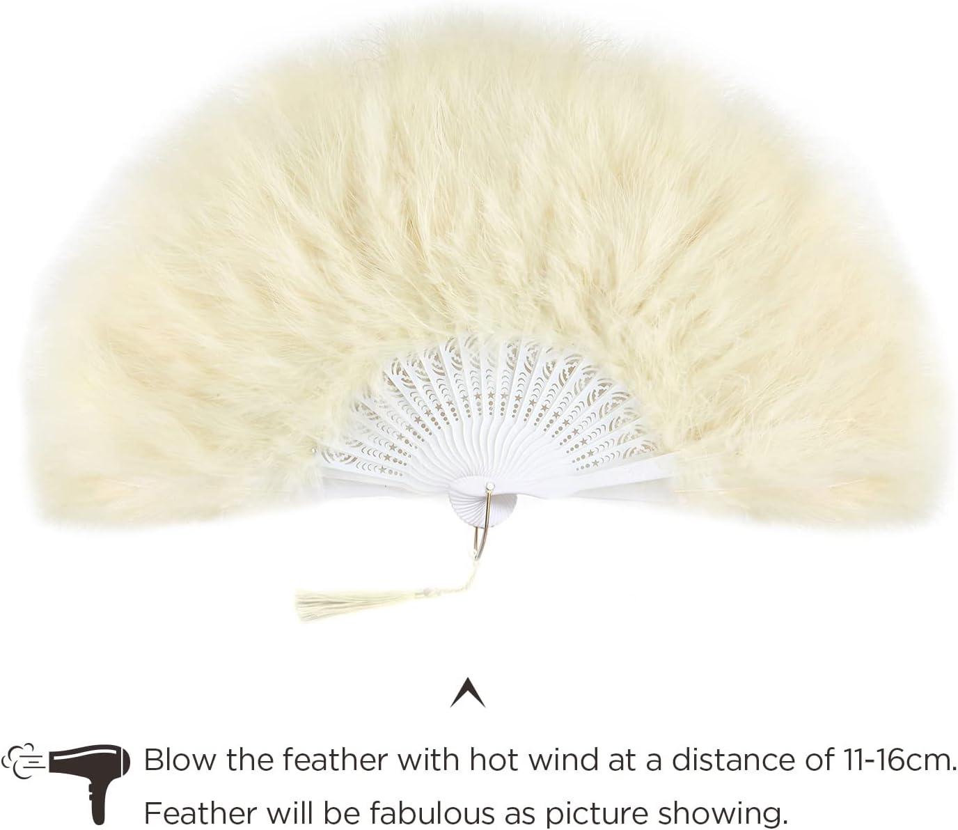 imageBABEYOND Marabou Feather Fan 20s Vintage Folding Fan Flapper Hand Fan for Costume Dancing Show Tea Party Wedding Decoration PinkPink RibChampagne