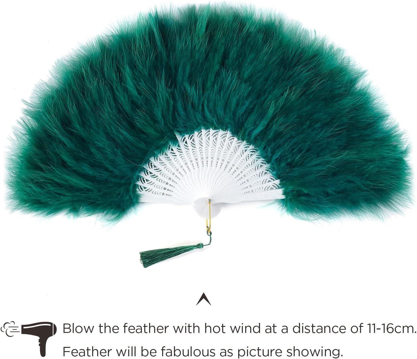 imageBABEYOND Marabou Feather Fan 20s Vintage Folding Fan Flapper Hand Fan for Costume Dancing Show Tea Party Wedding Decoration PinkPink RibDark Green