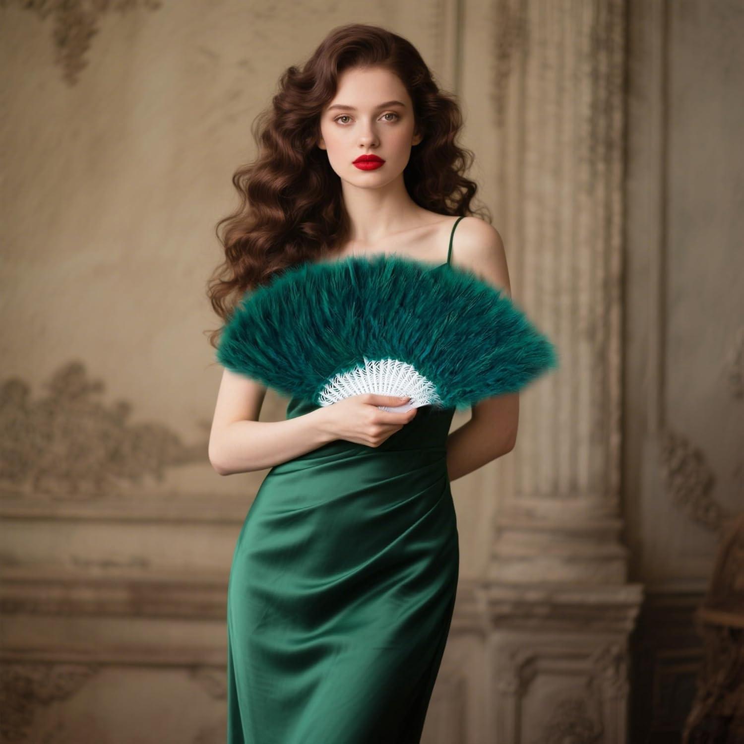 imageBABEYOND Marabou Feather Fan 20s Vintage Folding Fan Flapper Hand Fan for Costume Dancing Show Tea Party Wedding Decoration PinkPink RibDark Green