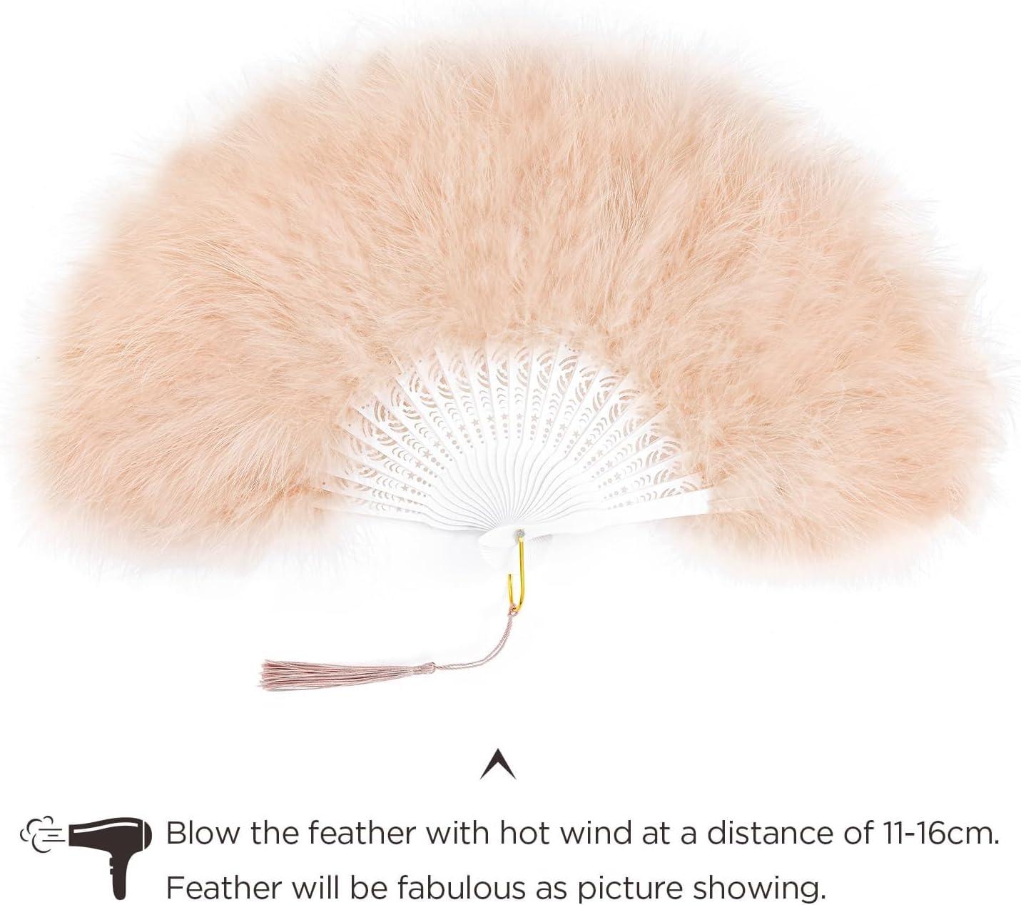 imageBABEYOND Marabou Feather Fan 20s Vintage Folding Fan Flapper Hand Fan for Costume Dancing Show Tea Party Wedding Decoration PinkPink RibDarkchampagne