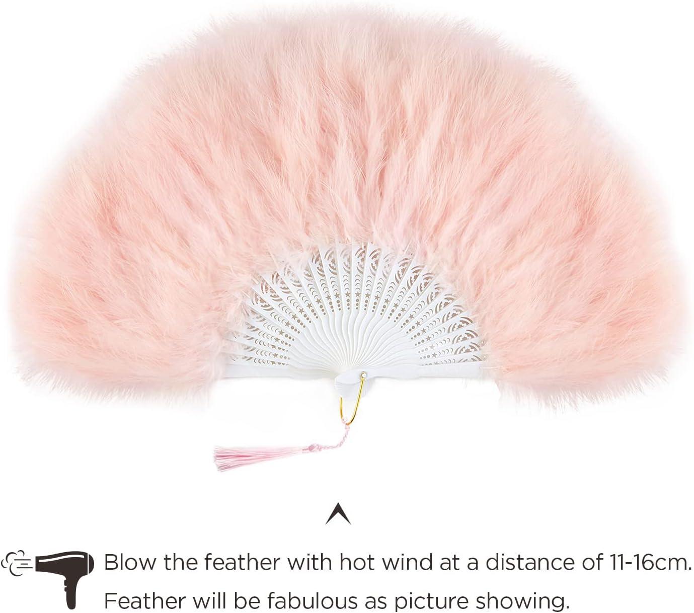 imageBABEYOND Marabou Feather Fan 20s Vintage Folding Fan Flapper Hand Fan for Costume Dancing Show Tea Party Wedding Decoration PinkPink RibLight Pink