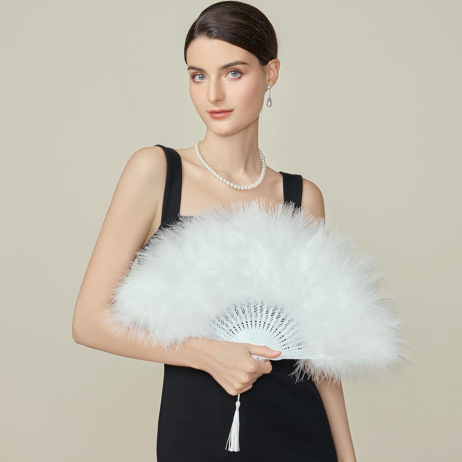 imageBABEYOND Marabou Feather Fan 20s Vintage Folding Fan Flapper Hand Fan for Costume Dancing Show Tea Party Wedding Decoration PinkPink RibOff White