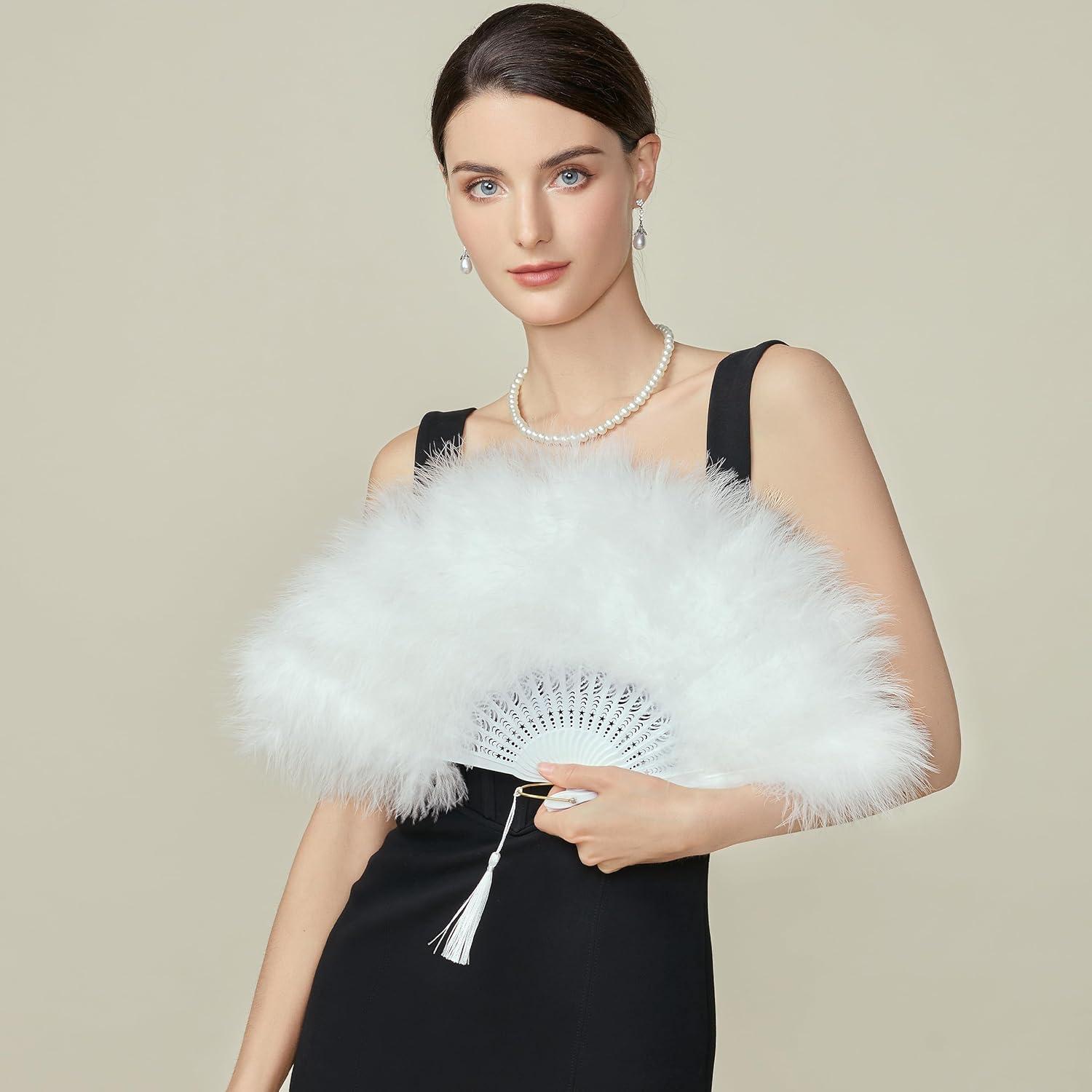 imageBABEYOND Marabou Feather Fan 20s Vintage Folding Fan Flapper Hand Fan for Costume Dancing Show Tea Party Wedding Decoration PinkPink RibOff White
