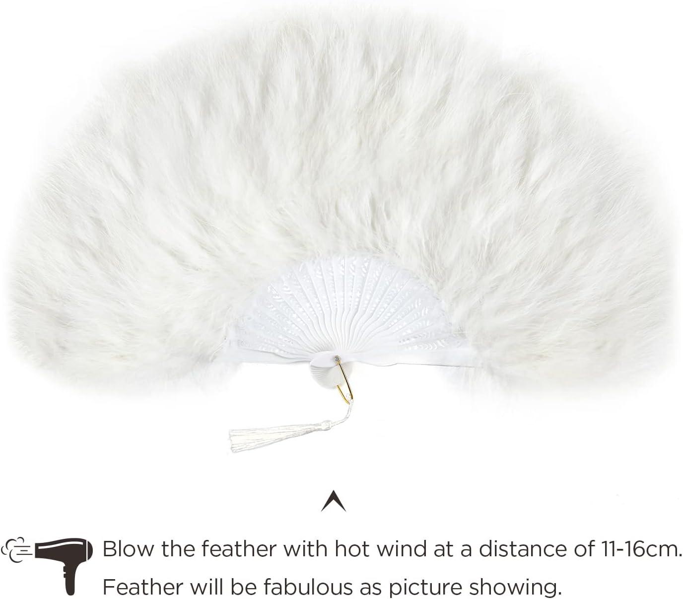 imageBABEYOND Marabou Feather Fan 20s Vintage Folding Fan Flapper Hand Fan for Costume Dancing Show Tea Party Wedding Decoration PinkPink RibOff White
