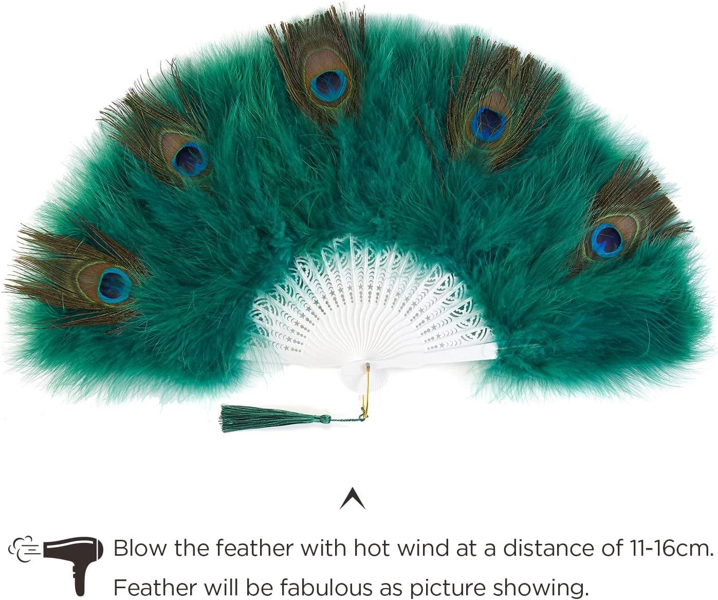 imageBABEYOND Marabou Feather Fan 20s Vintage Folding Fan Flapper Hand Fan for Costume Dancing Show Tea Party Wedding Decoration PinkPink RibPeacock Dark Green