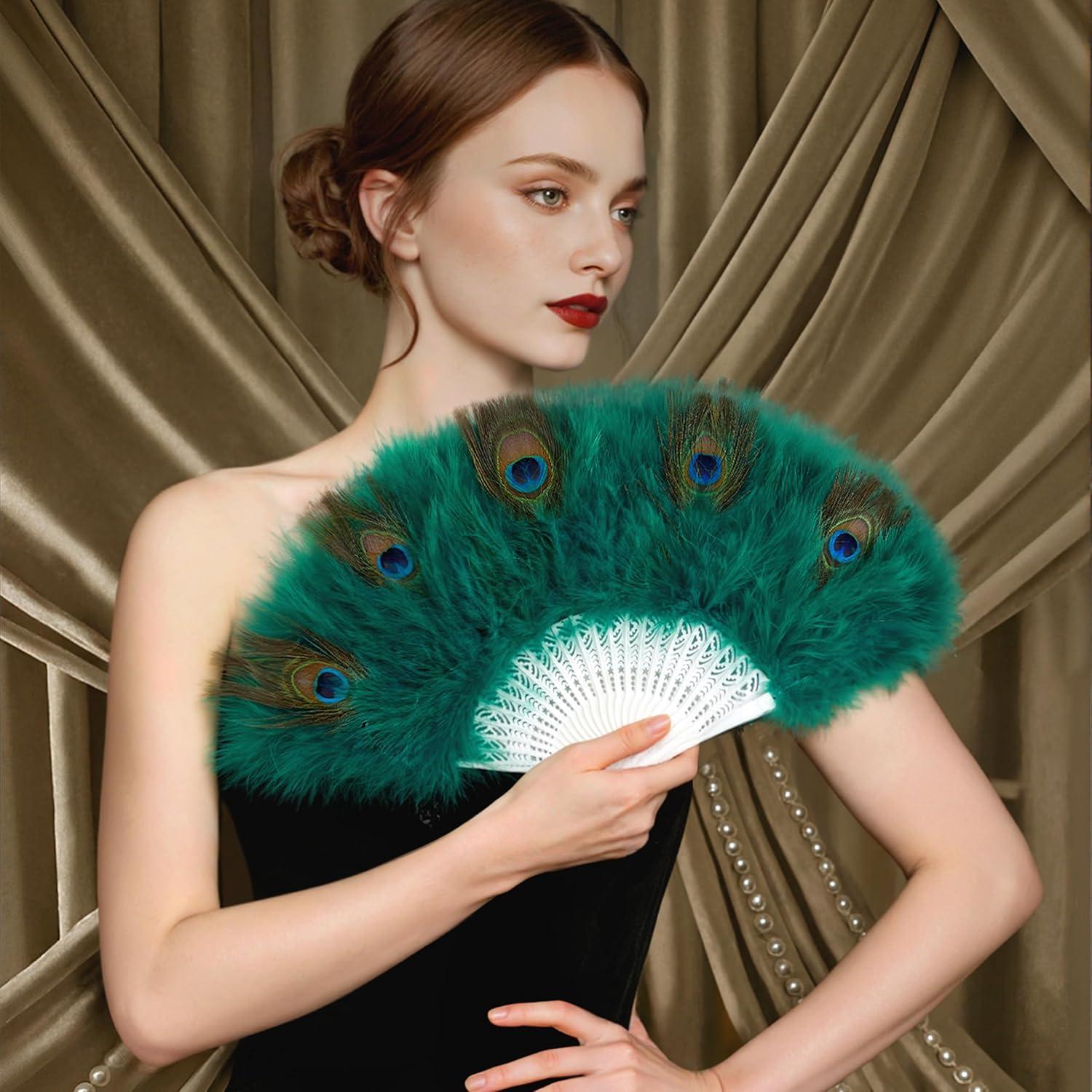 imageBABEYOND Marabou Feather Fan 20s Vintage Folding Fan Flapper Hand Fan for Costume Dancing Show Tea Party Wedding Decoration PinkPink RibPeacock Dark Green