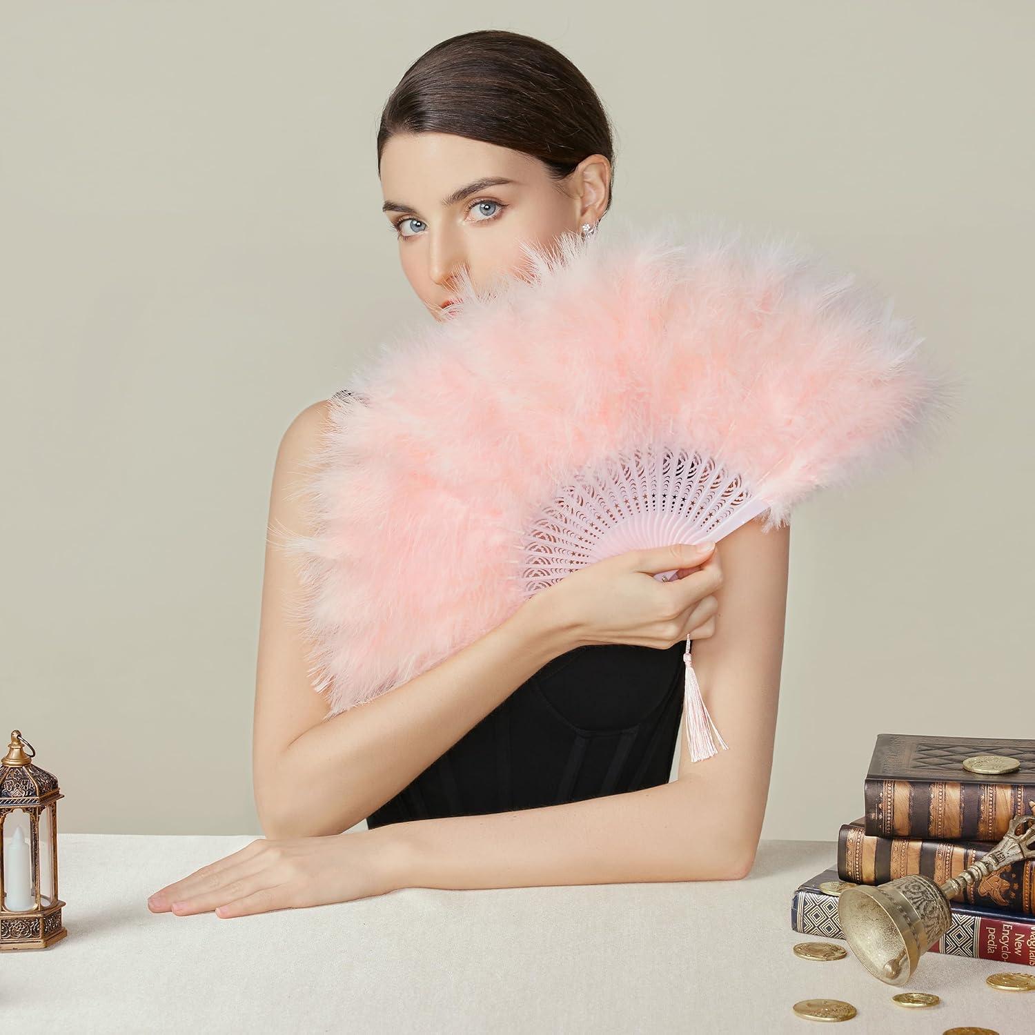 imageBABEYOND Marabou Feather Fan 20s Vintage Folding Fan Flapper Hand Fan for Costume Dancing Show Tea Party Wedding Decoration PinkPink RibPinkpink Rib