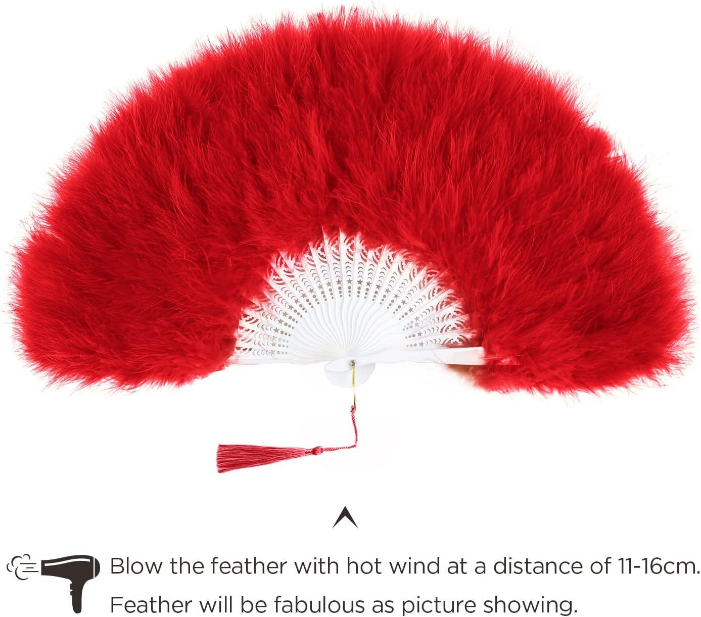 imageBABEYOND Marabou Feather Fan 20s Vintage Folding Fan Flapper Hand Fan for Costume Dancing Show Tea Party Wedding Decoration PinkPink RibRed