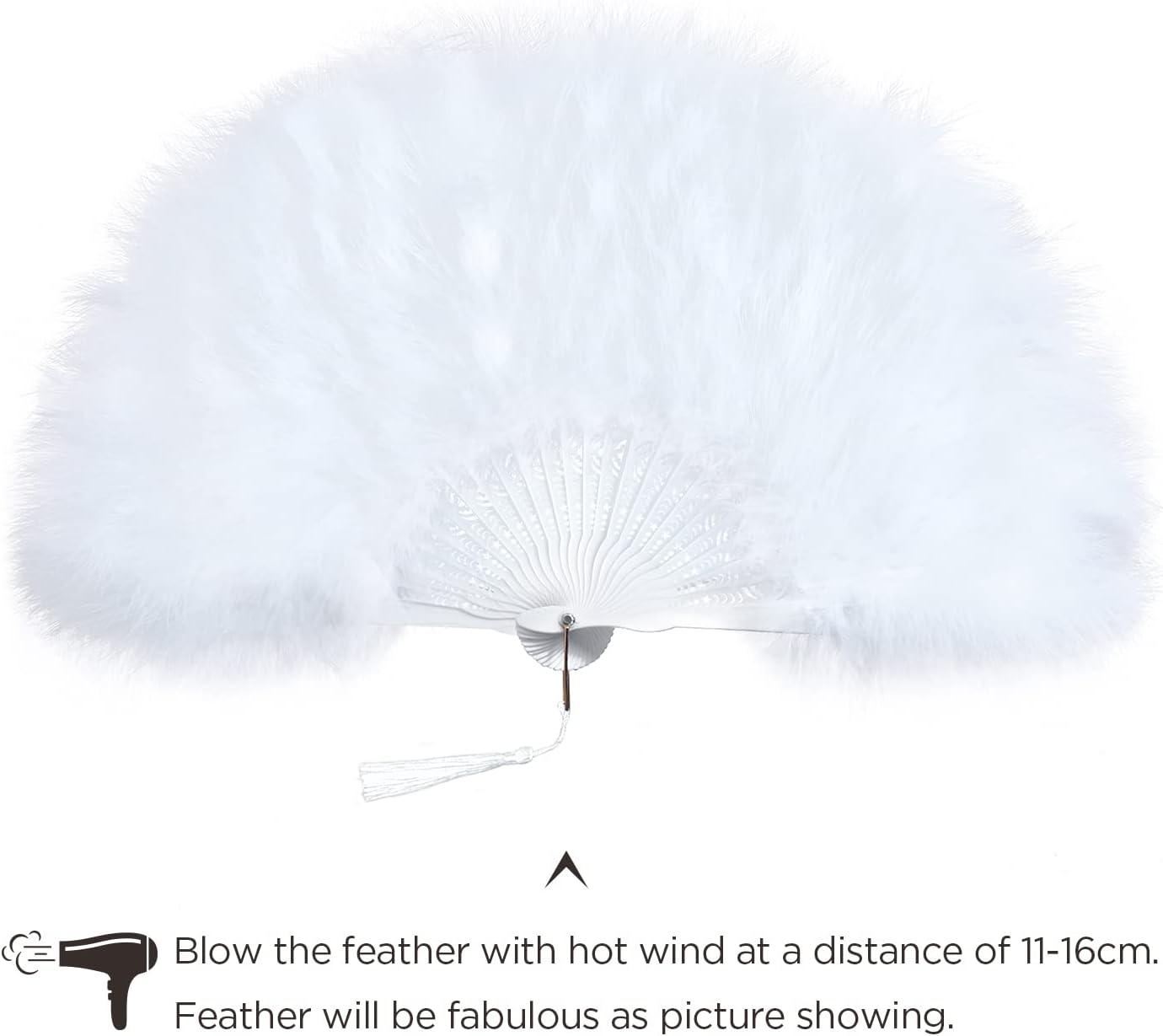 imageBABEYOND Marabou Feather Fan 20s Vintage Folding Fan Flapper Hand Fan for Costume Dancing Show Tea Party Wedding Decoration PinkPink RibWhite