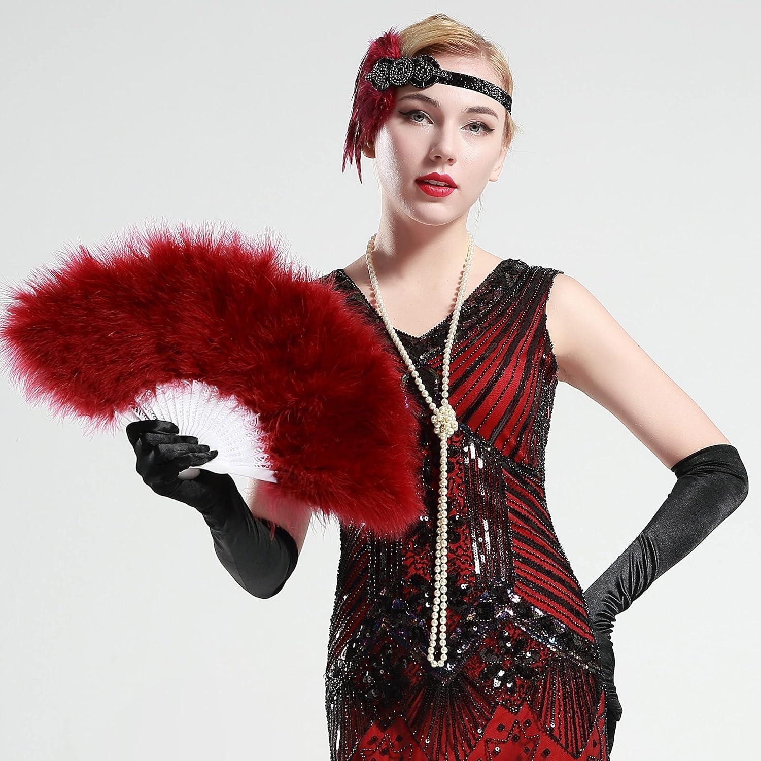 imageBABEYOND Marabou Feather Fan 20s Vintage Folding Fan Flapper Hand Fan for Costume Dancing Show Tea Party Wedding Decoration PinkPink RibWine Red