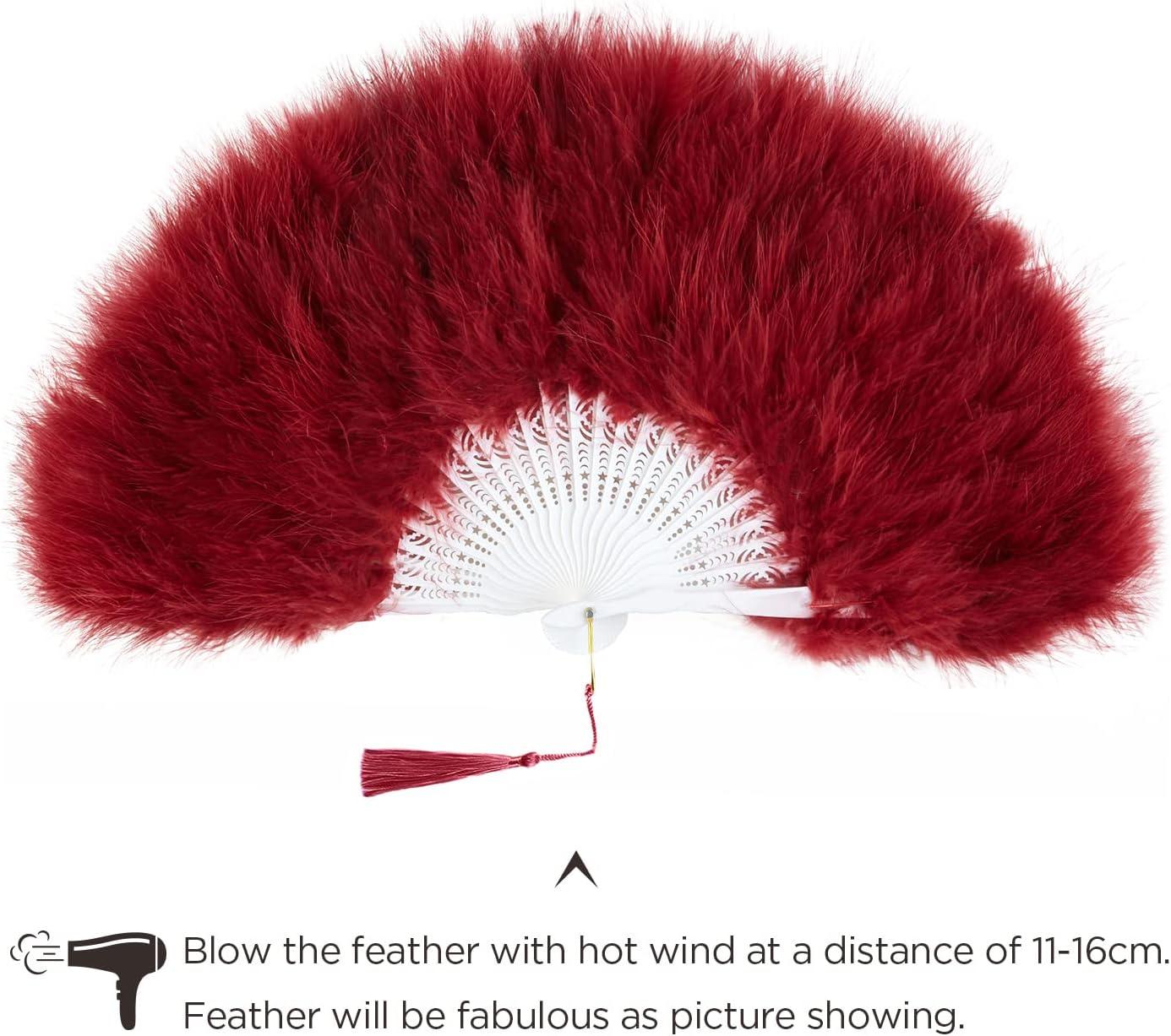 imageBABEYOND Marabou Feather Fan 20s Vintage Folding Fan Flapper Hand Fan for Costume Dancing Show Tea Party Wedding Decoration PinkPink RibWine Red