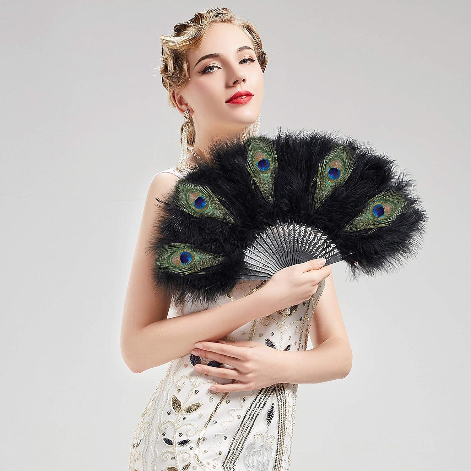 imageBABEYOND Marabou Feather Fan 20s Vintage Folding Fan Flapper Hand Fan for Costume Dancing Show Tea Party Wedding Decoration PinkPink RibZblackpeacockblack Rib