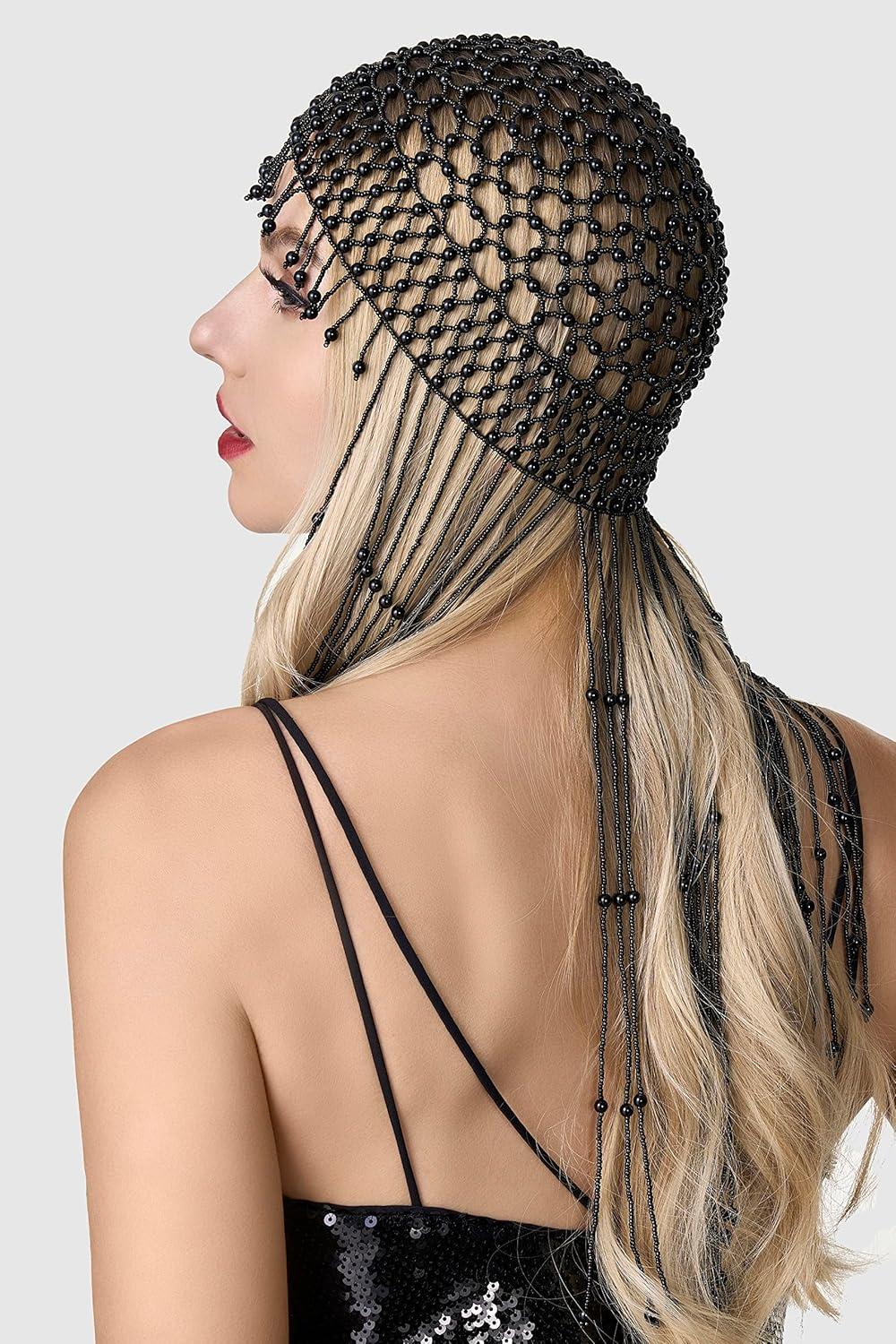 imageBABEYOND Vintage Bridal Forehead Headpiece Crystal Forehead Chain Roaring 20s Head Chain for Wedding 1920s Hair Accessory Silver WhiteAblack