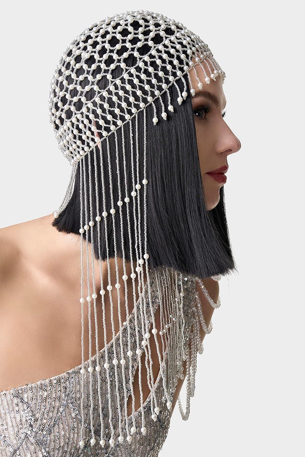 imageBABEYOND Vintage Bridal Forehead Headpiece Crystal Forehead Chain Roaring 20s Head Chain for Wedding 1920s Hair Accessory Silver WhiteAwhite