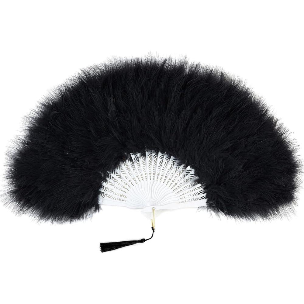 imageBABEYOND Marabou Feather Fan 20s Vintage Folding Fan Flapper Hand Fan for Costume Dancing Show Tea Party Wedding Decoration PinkPink RibBlack