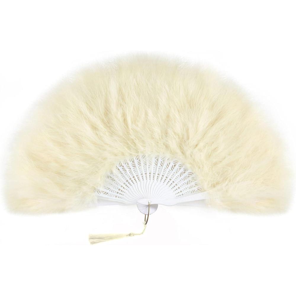 imageBABEYOND Marabou Feather Fan 20s Vintage Folding Fan Flapper Hand Fan for Costume Dancing Show Tea Party Wedding Decoration PinkPink RibChampagne