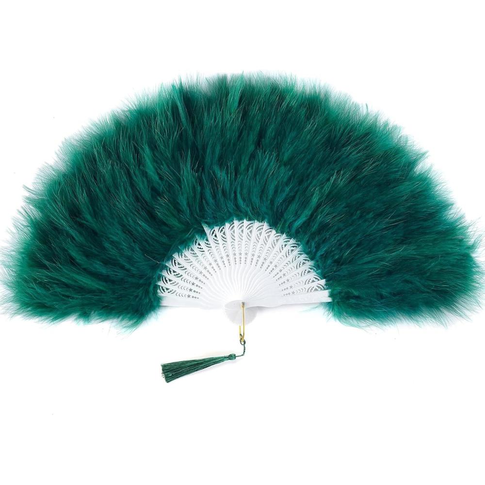 imageBABEYOND Marabou Feather Fan 20s Vintage Folding Fan Flapper Hand Fan for Costume Dancing Show Tea Party Wedding Decoration PinkPink RibDark Green