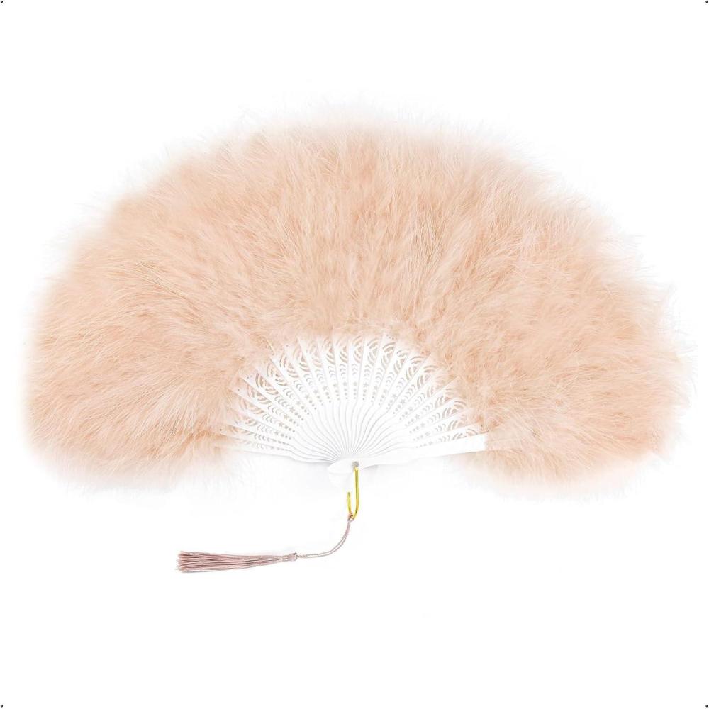 imageBABEYOND Marabou Feather Fan 20s Vintage Folding Fan Flapper Hand Fan for Costume Dancing Show Tea Party Wedding Decoration PinkPink RibDarkchampagne